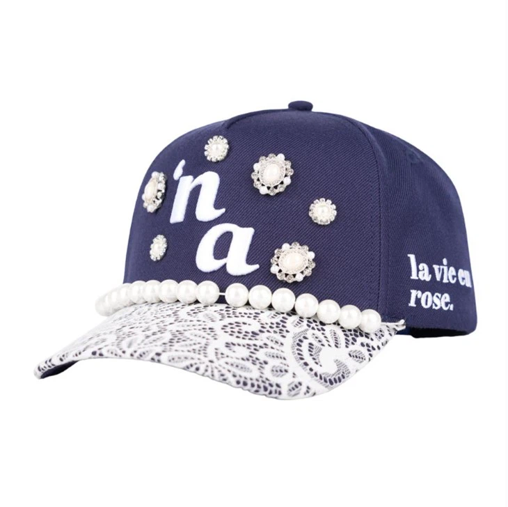 TCAP China 5 Panel Wool Blend Lace Hat Exquisite Pearl Chain Baseball Hat factory