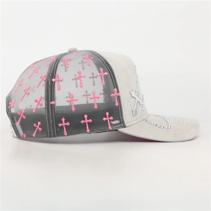 TcapChina Custom Light Grey & Pink Rhinestone Heart Cross Mesh Trucker Cap high quality