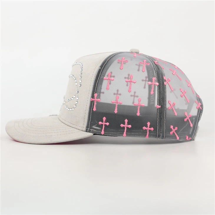 TcapChina Custom Light Grey & Pink Rhinestone Heart Cross Mesh Trucker Cap factory