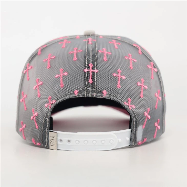 TcapChina Custom Light Grey & Pink Rhinestone Heart Cross Mesh Trucker Cap best
