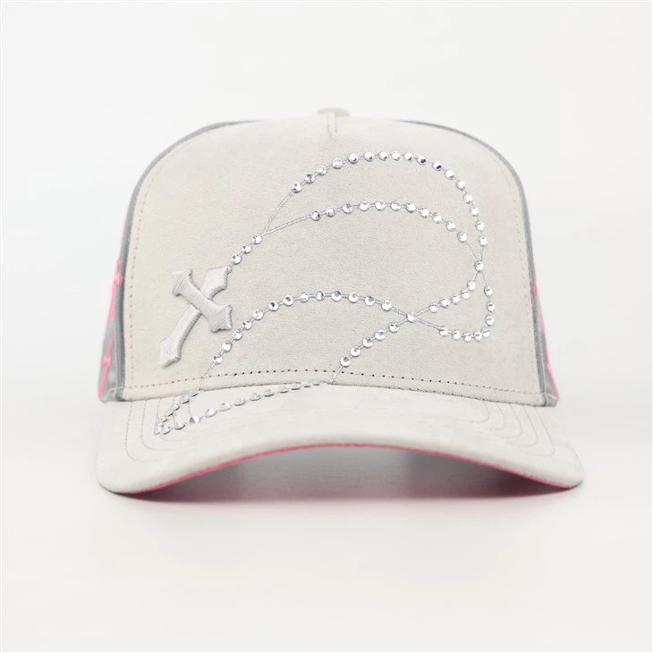 TcapChina Custom Light Grey & Pink Rhinestone Heart Cross Mesh Trucker Cap suppliers