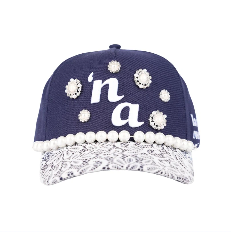 TCAP China 5 Panel Wool Blend Lace Hat Exquisite Pearl Chain Baseball Hat