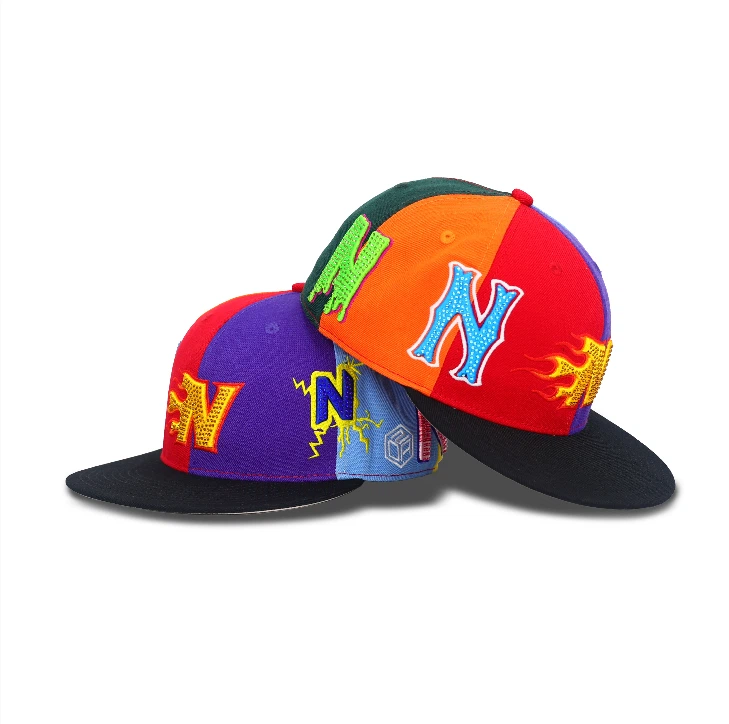 TCAP China Customized Flat Round Brim 6 Panel Fitted Hat Cap With Rhinestone