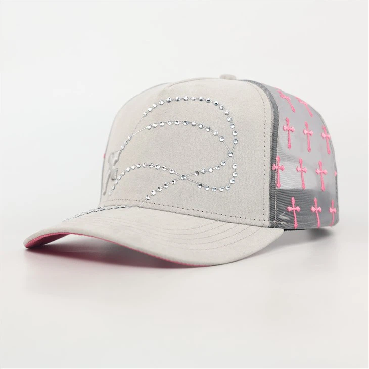TcapChina Custom Light Grey & Pink Rhinestone Heart Cross Mesh Trucker Cap